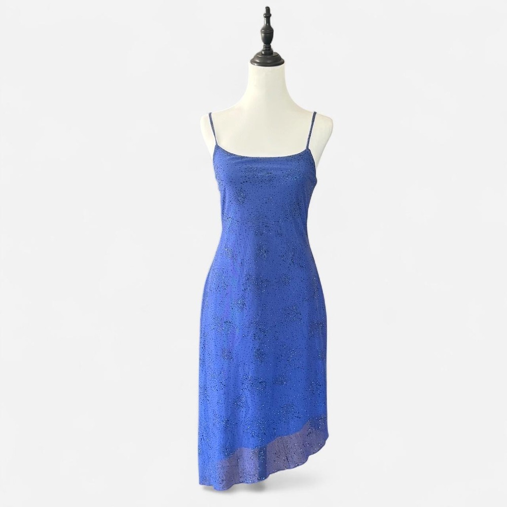 My Michelle Vintage Y2K Blue Sparkly Glitter Mesh Asymmetrical Midi Slip Dress M